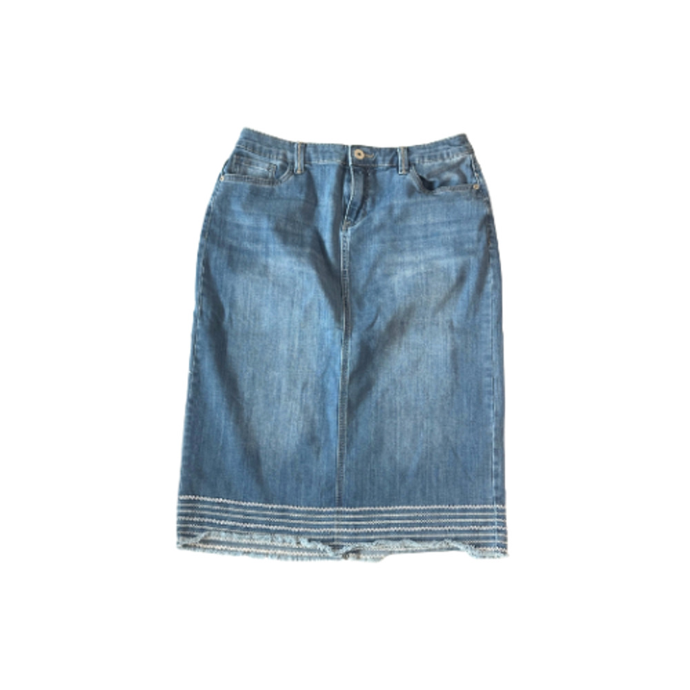 Christopher & Banks Skirt Denim Pencil Women’s 6 Embroidered Hem Stretch Blue